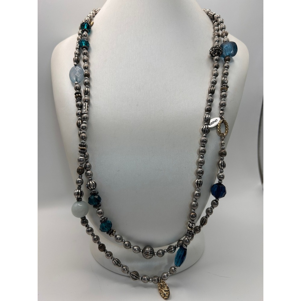 Chico's Beaded Necklace Womens OS Blue Silver Good Long Multi Strand Crystal